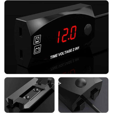 Motorcycle Digital Clock and Voltmeter for Daily Riding Use - compact red LED time and voltage display for motorcycle battery monitoring