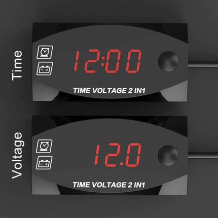 Motorcycle Digital Clock and Voltmeter for Daily Riding Use - compact red LED display shows time and 12.0V for battery monitoring