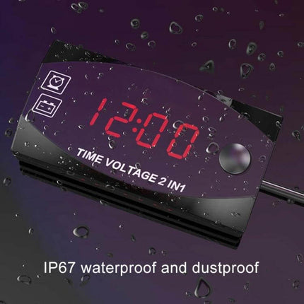 Motorcycle Digital Clock and Voltmeter for Daily Riding Use - waterproof IP67 digital clock and voltmeter display showing 12:00