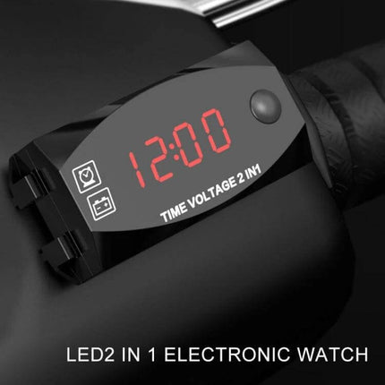 Motorcycle Digital Clock and Voltmeter for Daily Riding Use - handlebar LED clock showing 12:00 and voltage readout