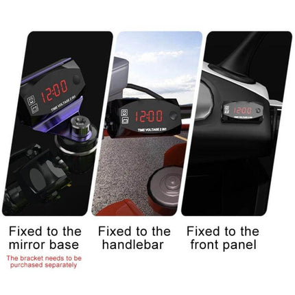 Motorcycle Digital Clock and Voltmeter for Daily Riding Use — handlebar, mirror base and front panel mounting with clear red LED display