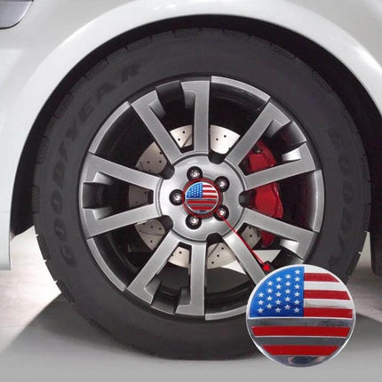 USA Flag Metal Stickers for Car Wheel Hub Caps, 4 Pack - metal American flag hub cap sticker on silver car wheel, 4-pack decorative set