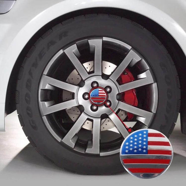 USA Flag Metal Stickers for Car Wheel Hub Caps, 4 Pack - metal American flag hub cap sticker on silver car wheel, 4-pack decorative set