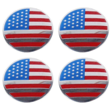 USA Flag Metal Stickers for Car Wheel Hub Caps, 4 Pack - round American flag metal stickers shown as a 4-pack for car wheel hub caps
