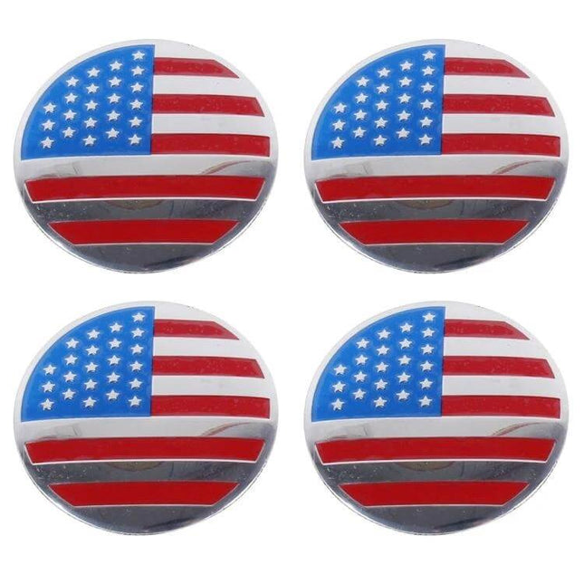 USA Flag Metal Stickers for Car Wheel Hub Caps, 4 Pack - round American flag metal stickers shown as a 4-pack for car wheel hub caps