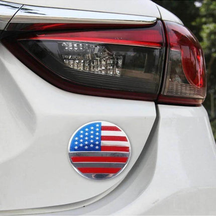 USA Flag Metal Stickers for Car Wheel Hub Caps, 4 Pack on white car trunk showing round American flag metal sticker near taillight