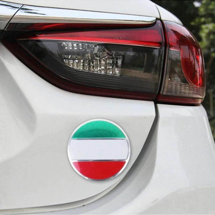 Italy Flag Metal Wheel Hub Cap Covers for Car Decoration on white car rear showing tricolor round metal badge