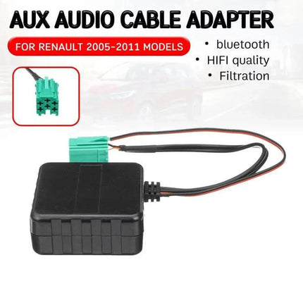 Car Wireless Bluetooth AUX Adapter for Renault Factory Stereo plugged into Renault CD changer port, compact black module with green connector for 2005–2011 models