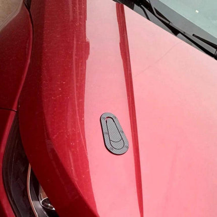 Car Imitation Engine Lock Body Decorative Stickers, 2-Pack on red car hood showing black plastic imitation engine lock accent