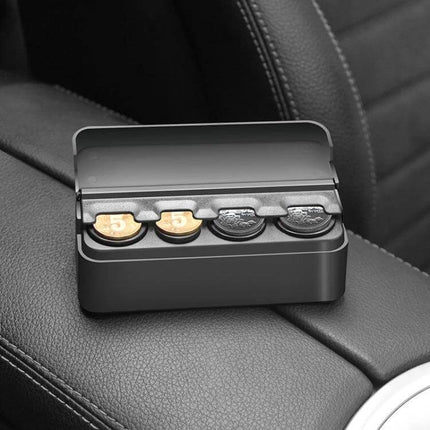 CARSUN Compact Coin Storage Box for Everyday Organization on car armrest holding sorted coins