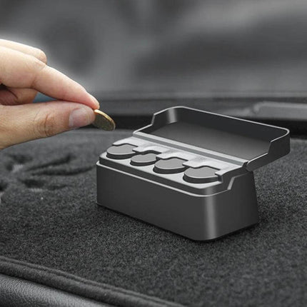 CARSUN Compact Coin Storage Box for Everyday Organization shown in car holding coin for tolls and parking