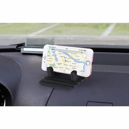 Practical Car Dashboard Holder for Phones and Tablets in Black mounted on dashboard holding a phone with GPS map, non-adhesive secure hands-free stand