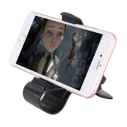 Universal Flexible Dashboard Phone Holder for Smartphones Up to 6.5 Inches mounted displaying video on a rose gold smartphone in landscape