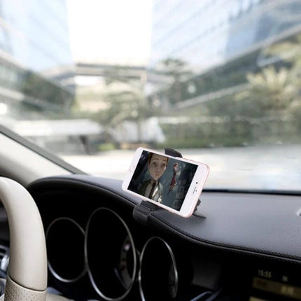 Universal Flexible Dashboard Phone Holder for Smartphones Up to 6.5 Inches mounted on car dashboard holding phone horizontally for hands-free navigation and video