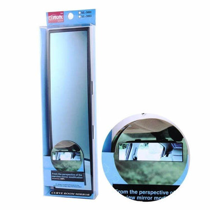 XIAOLIN Interior Car Rear View Mirror for Driving Visibility - long interior mirror packaged with demonstration inset showing wider rear visibility