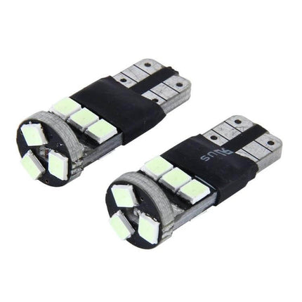 2 Pack T10 5W SMD 2835 9LED Car Clearance Lights, DC 12V – close-up of two T10 5W SMD 2835 9LED clearance bulbs showing 9 LEDs and T10 base