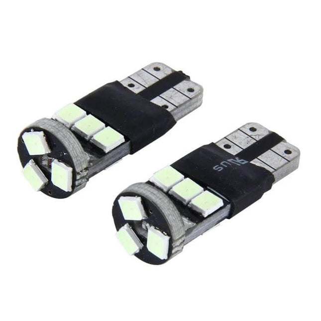 2 Pack T10 5W SMD 2835 9LED Car Clearance Lights, DC 12V – close-up of two T10 5W SMD 2835 9LED clearance bulbs showing 9 LEDs and T10 base