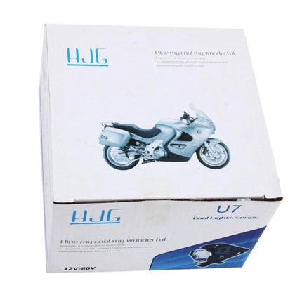 White LED External Headlight Lamp for Motorcycle Visibility packaged box showing motorcycle image and product branding
