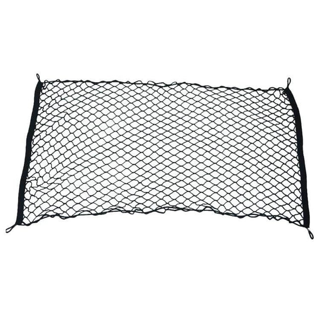Universal Fit Mesh Cargo Storage Organizer for Vehicle Trunks - black elastic trunk cargo net keeping groceries, luggage and gear secure