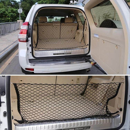 Universal Fit Mesh Cargo Storage Organizer for Vehicle Trunks securing groceries and luggage in SUV trunk with net