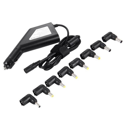 Universal Car Charger for Laptops with Multiple Adapters shown with 8 interchangeable laptop power tips and 12V car plug