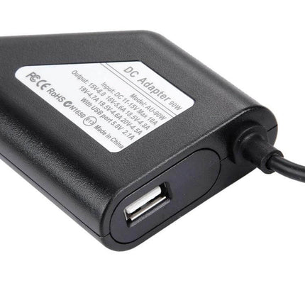 Universal Car Charger for Laptops with Multiple Adapters shown close-up with USB port and DC adapter label