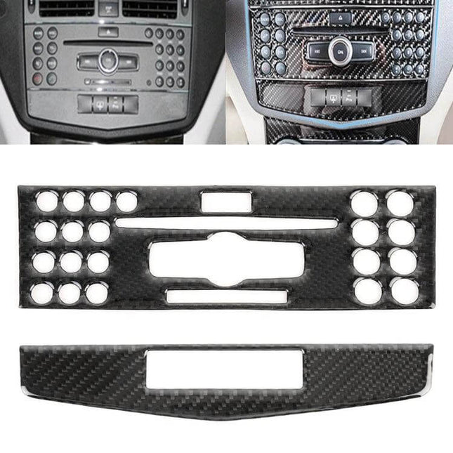 Mercedes-Benz W204 Carbon Fiber CD Frame Decorative Sticker applied on dashboard showing carbon fiber CD adjustment frame and separate sticker pieces