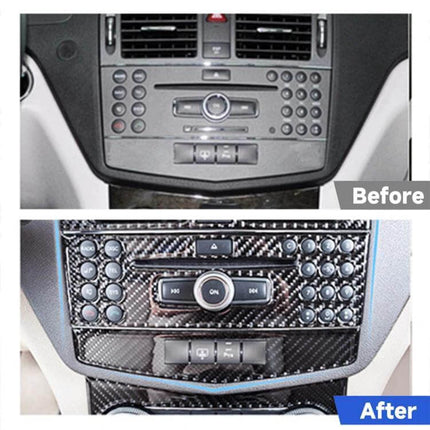 Mercedes-Benz W204 Carbon Fiber CD Frame Decorative Sticker installed on car dashboard showing before and after interior upgrade