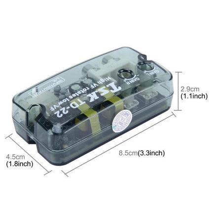 TD-22 Car Stereo Level Converter For RCA Output In Vehicle compact inline module with clear case and RCA/amp wiring dimensions shown
