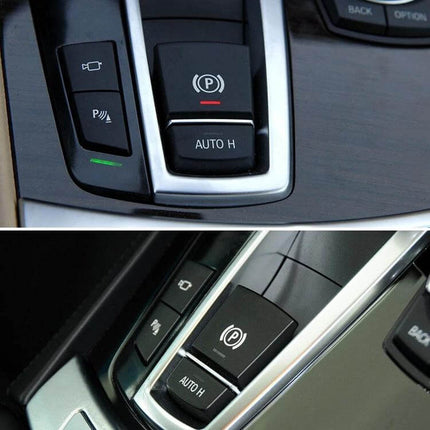 BMW 5/6 Series Parking Brake Switch Cover Replacement showing direct-fit black PC+ABS switch cover installed on center console, close-up