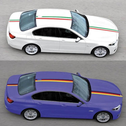 German Flag Car Decal Sticker for Vehicles, 2 Meters Long on white and blue sedans showcasing roof and hood application