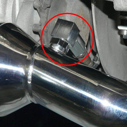 Oxygen Sensor Spacer 90 Degree for Exhaust Modifications installed on exhaust pipe routing O2 sensor in tight engine space