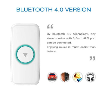 Doosl Mini Car Bluetooth Music Receiver With 3.5mm Stereo Input shown white Bluetooth 4.0 dongle with 3.5mm AUX for car stereos and headphones