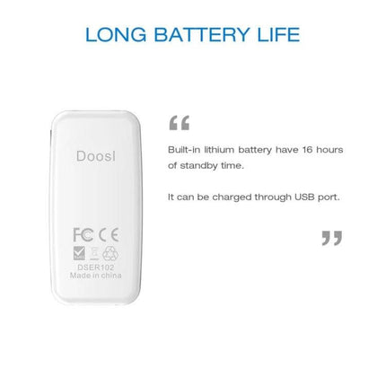 Doosl Mini Car Bluetooth Music Receiver With 3.5mm Stereo Input white unit showing long battery life and micro-USB charging information
