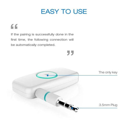 Doosl Mini Car Bluetooth Music Receiver With 3.5mm Stereo Input shown with 3.5mm plug and single pairing button, labeled ‘Easy to Use’