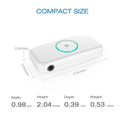 Doosl Mini Car Bluetooth Music Receiver With 3.5mm Stereo Input compact white 3.5mm Bluetooth adapter with dimensions and single-button design