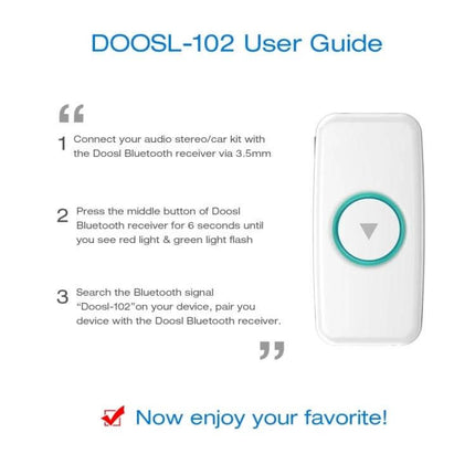 Doosl Mini Car Bluetooth Music Receiver With 3.5mm Stereo Input white compact receiver with user guide steps and play button