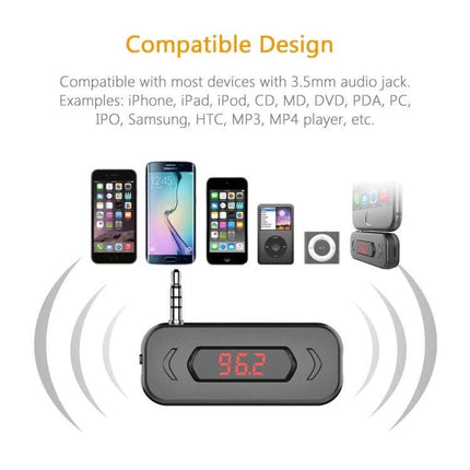 Car FM Transmitter With LCD Display For In Car Music showing compact unit with 3.5mm jack, LCD frequency 96.2 and compatible smartphones and MP3 players
