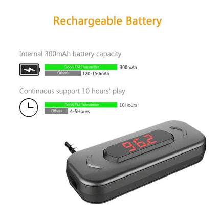 Car FM Transmitter With LCD Display For In Car Music compact rechargeable 300mAh unit showing 96.2 FM and battery/playtime specs