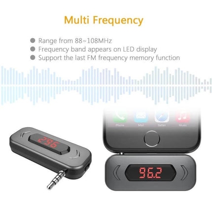 Car FM Transmitter With LCD Display For In Car Music – compact PLL FM transmitter with 3.5mm jack, LCD frequency 96.2 for hands-free audio