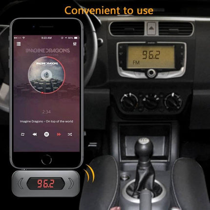 Car FM Transmitter With LCD Display For In Car Music showing phone streaming to car radio 96.2 and hands-free control