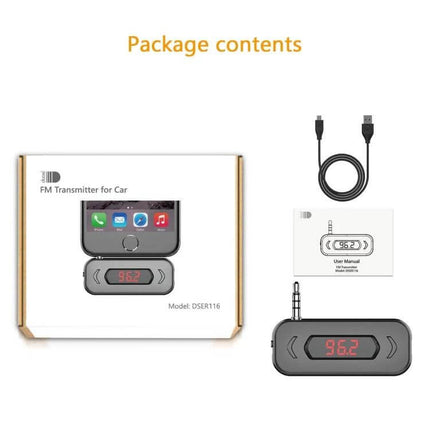Car FM Transmitter With LCD Display For In Car Music - compact FM transmitter kit with LCD, 3.5mm jack, USB cable and manual
