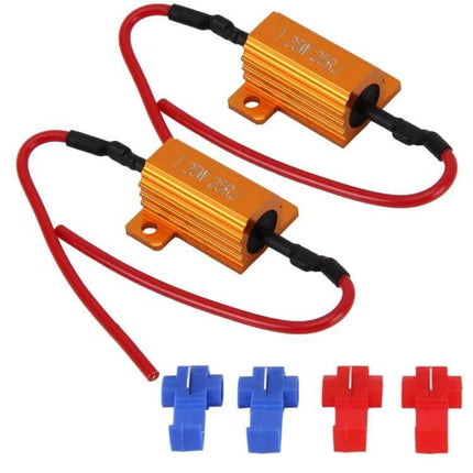 Car Canbus LED Error Canceller Decoder Load Resistor 2 Pack gold aluminum 25W 25Ω with red wires and blue red connectors for DRL fog lights