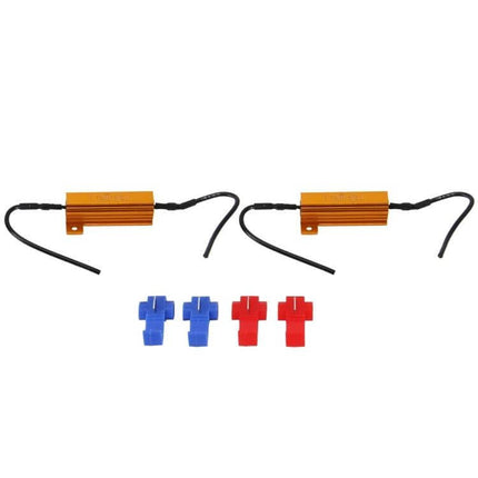 Car Canbus LED Decoder 2 Pack 50W 6 Ohm No Flicker - gold resistors with wiring and red/blue quick tap connectors, plug-and-play CANBUS anti-flicker