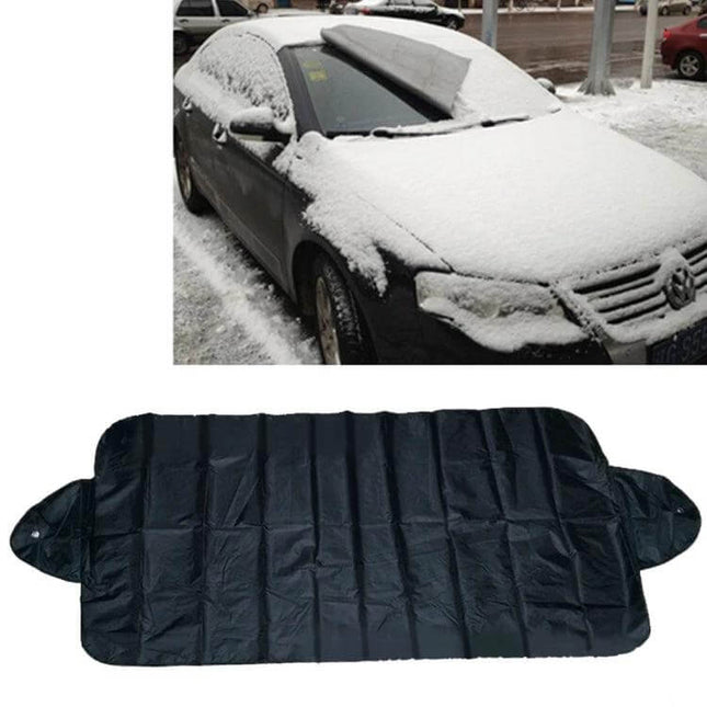 Universal Car Windshield Sun and Snow Shade, 150x70cm on snowy parked car protecting windshield from snow and ice