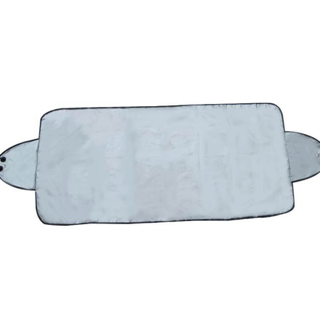 Universal Car Windshield Sun and Snow Shade, 150x70cm laid flat showing reflective silver surface and side mirror flaps for sun and snow protection