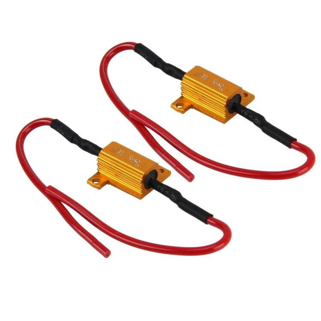 2 Pack Canbus LED Error Canceller 10W 39 Ohm Car LED Light Decoder gold aluminum resistor decoders with red wiring for fog and DRL plug-and-play