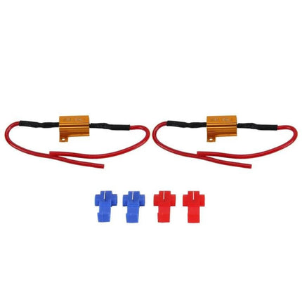 2 Pack Canbus LED Error Canceller 10W 39 Ohm Car LED Light Decoder shown with two gold decoders and wiring for fog and DRL plug-and-play installation