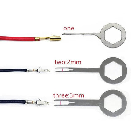 Auto Car Wire Harness Terminal Extraction Tool, 3-Piece kit showing three flat metal terminal release keys (2mm and 3mm) beside wire terminals