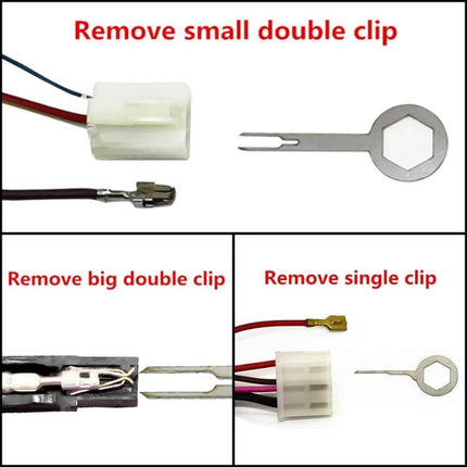 Auto Car Wire Harness Terminal Extraction Tool, 3-Piece kit removing small double clip, big double clip and single clip from connectors